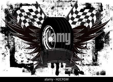 Racing Wings Insignia A race car tire in front of wings and a checkered flags over a grunge background. Stock Vector
