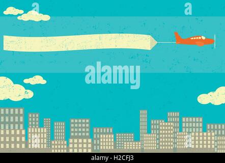 Airplane Advertising An airplane with blank advertising banner over a city skyline in the background. Stock Vector