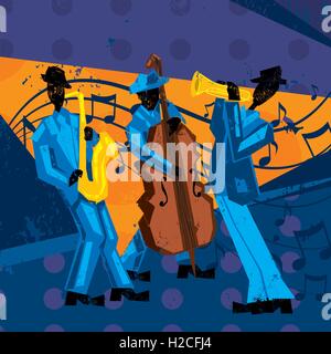 Jazz Band A jazz band with a trumpet player, bassist, and saxophonist over a decorative grunge background. Stock Vector