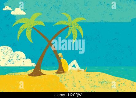 Man on an island A man seated next to a palm tree on a deserted island. The man & island and ocean & sky are on separate labeled Stock Vector
