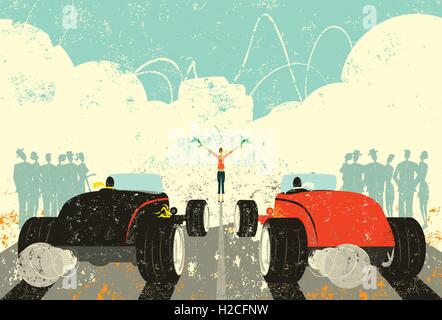 Retro Drag Race A retro hot rod drag race about to start with a large crowd watching. Stock Vector