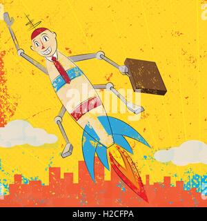 Rocket Boy A rocket boy with a new business is blasting off over the city. Stock Vector