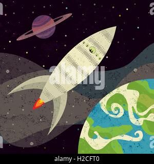 Space exploration Retro-styled rocket exploring planets in outer space. Stock Vector