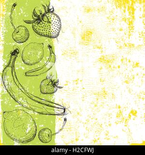 Fruit background Sketchy, hand drawn strawberry, cherry, banana and lime over an abstract background. Stock Vector
