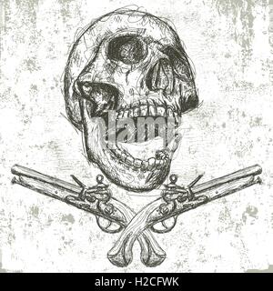 Skull and pistols Sketchy, hand drawn human skull with pistols underneath over an abstract background. Stock Vector