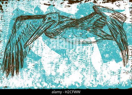 Flying Pelican Sketchy Brown Pelican flying over an abstract background. The bird and background are on separately labeled layer Stock Vector