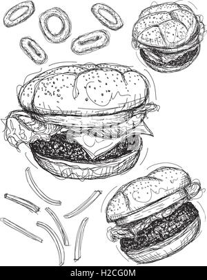 Hamburger sketches A cheeseburger and two hamburgers with onion rings and french fries Stock Vector