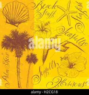 Beach stuff Sketchy, hand drawn palm trees, seagulls, hibiscus flowers, and seashells with calligraphy. Stock Vector