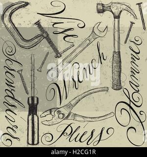 Construction tools with calligraphy Sketchy, hand drawn construction tools with calligraphy. Stock Vector