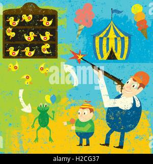 Carnival Duck Game Winner A happy father winning a stuffed animal frog for his son at a carnival playing the duck shooting game. Stock Vector