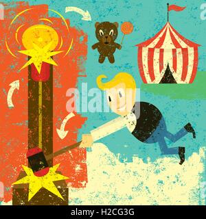 Carnival Game Winner A happy man swinging the hammer down on the high striker game at a carnival and winning a teddy bear. Stock Vector