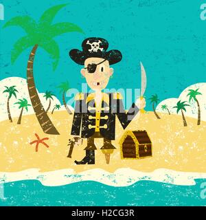 Pirate on an island with treasure A pirate with his treasure on a deserted island. Stock Vector