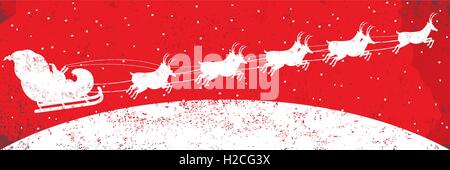 Santa with reindeer A silhouette Santa Claus flying in his sleigh being pulled by his reindeer. Stock Vector