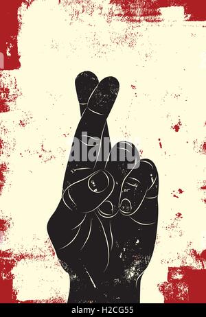 Fingers crossed Hand with fingers crossed for good luck behind a banner for text over a grunge background. Stock Vector