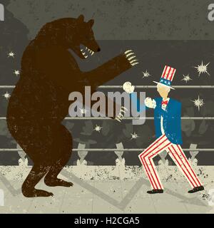 America fighting a Bear market America fighting a Bear market in a boxing ring with a crowd watching. The boxers and background Stock Vector