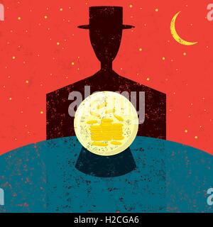 Financial Fortune Teller A businessman looking into a crystal ball and seeing wealth in his future. Stock Vector