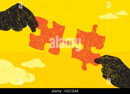 Finding a Solution Two hands connecting puzzle pieces to find the solution. Stock Vector
