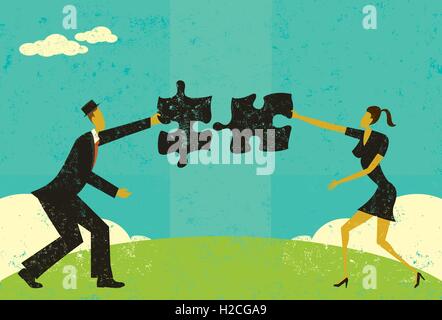 Finding a solution A man and woman connecting puzzle pieces to find the solution. Stock Vector