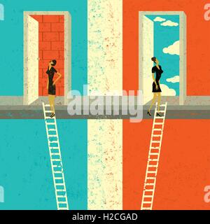 Finding the Right Opportunity Two businesswomen climbing the corporate ladder. Stock Vector