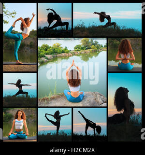 The collage from silhouettes of young woman practicing yoga Stock Photo