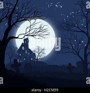 A Halloween spooky haunted house and graveyard background Stock Photo