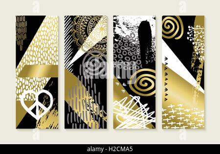 Set of abstract memphis art style designs in gold color with hand drawn illustrations and grunge decoration. EPS10 vector. Stock Vector
