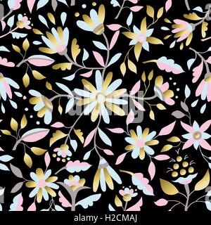 Gold floral spring seamless pattern with daisy flowers, leaves and luxury illustration designs. EPS10 vector. Stock Vector