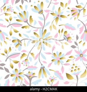 Gold floral spring seamless pattern with daisy flowers, leaves and decorative illustration designs. EPS10 vector. Stock Vector