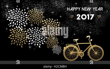 Happy New Year 2017, gold card design with bike and fireworks in night sky background. EPS10 vector. Stock Vector