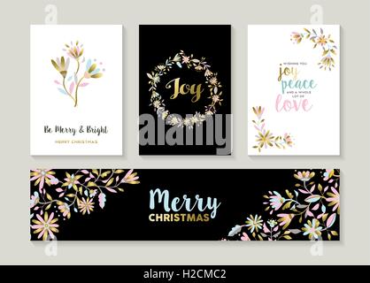 Merry Christmas set of gold flower designs with happy quotes and decoration. Collection of labels, cards, banner for holiday sea Stock Vector