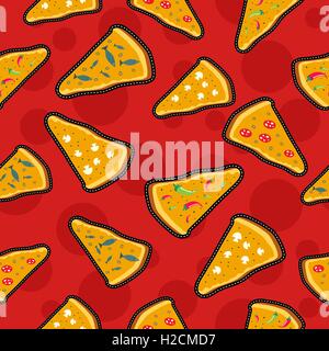 Seamless pattern with cheese pizza stitch patch icons, restaurant fast food illustration background. EPS10 vector. Stock Vector