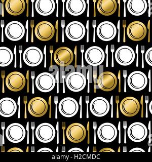 Gold cutlery seamless pattern with restaurant utensil icons, fork, knife and plate. EPS10 vector. Stock Vector