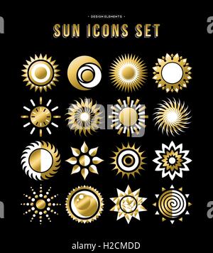 Set of sun icon illustrations, abstract gold designs in flat art for weather or climate project. EPS10 vector. Stock Vector
