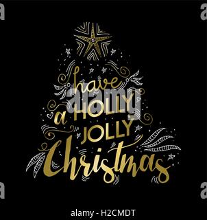 Merry christmas gold luxury lettering design. Happy xmas wish text quote with doodles for poster, holiday greeting card. EPS10 Stock Vector