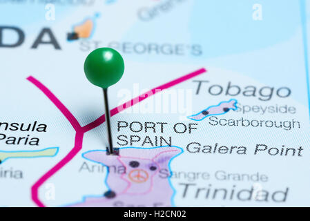 Port of Spain pinned on a map of Trinidad and Tobago Stock Photo