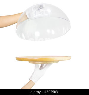 Hand holding empty wooden tray Stock Photo