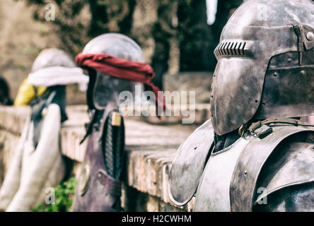 Reconquest warriors armour elements and suits. Moorish and christian warriors. Vintage filtered Stock Photo