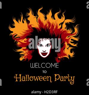 Welcome to Halloween Party Poster. Long haired Woman with fiery witch makeup. Vector illustration. Stock Vector