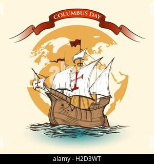 Happy Columbus Day Illustration. Hand Drawn Columbus ship against world map and ribbon. Stock Vector