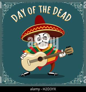 Day of the Dead illustration. Skull Mariachi guitar player drawn in cartoon style. Stock Vector