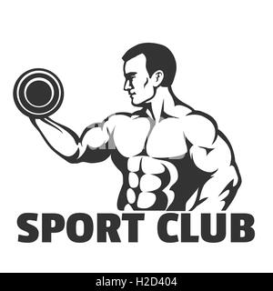 Bodybuilding. gym or sport club emblem. Bodybuilder doing exercise for biceps. Vector illustration. Stock Vector