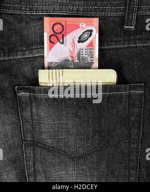 australian twenty dollars note and wallet in jeans pocket Stock Photo