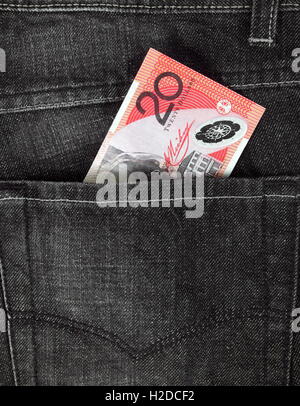 australian twenty dollars note in jeans pocket Stock Photo