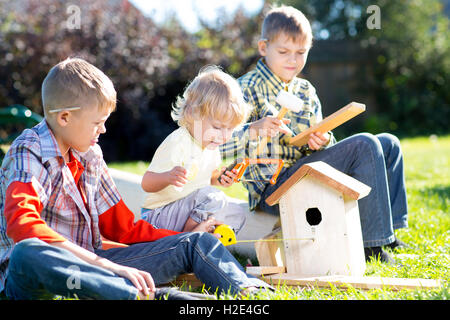 Kids boys brothers play and build birdhouse sitting on green grass Stock Photo