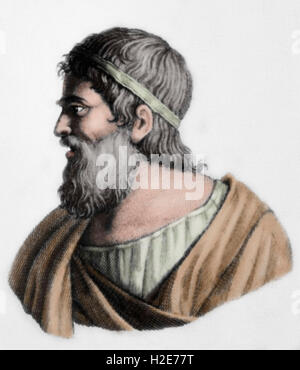 Archimedes (Syracuse-Syracuse-287, -212). Greek mathematician, physicist, engineer, inventor, and astronomer. Portrait. Engraving. Colored. Stock Photo