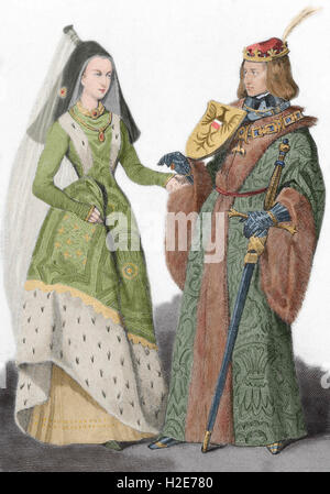 Holy Roman Emperor Maximilian I (1459-1519) with his wife Mary of Burgundy (1457-1482). Engraving. Colored. Stock Photo