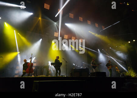 Members of the group Belle & Sebastian, performing on the main stage during the OnBlackheath Music Festival 2016 Stock Photo