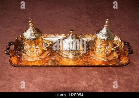 Turkish coffee set on the brown floor Stock Photo