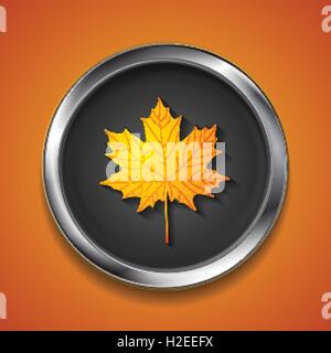 Orange autumn maple leaf on metal button. Vector fall symbol graphic design Stock Vector