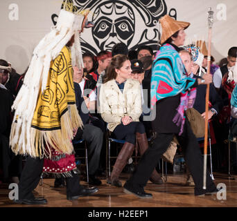 The Duchess of Cambridge attends the official welcome from the Bella Bella First Nations community which consisted of dancing, speeches and youth performances in Bella Bella, British Columbia, during the third day of their tour of Canada. Stock Photo